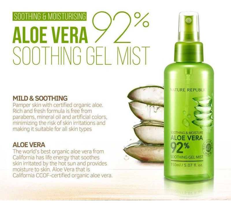 NATURE REPUBLIC 92% Aloe Vera Soothing Gel Mist (150ml) - Kiyoko Beauty